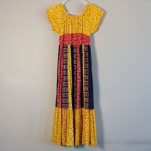 Vintage 70s Vibrant Paisley Maxi Peasant Dress Juniors